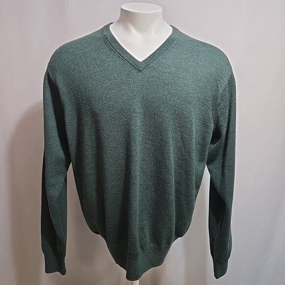 Peter Millar V Neck Sweater Mens Size Large Green 100% Merino Wool Pullover - Picture 1 of 10